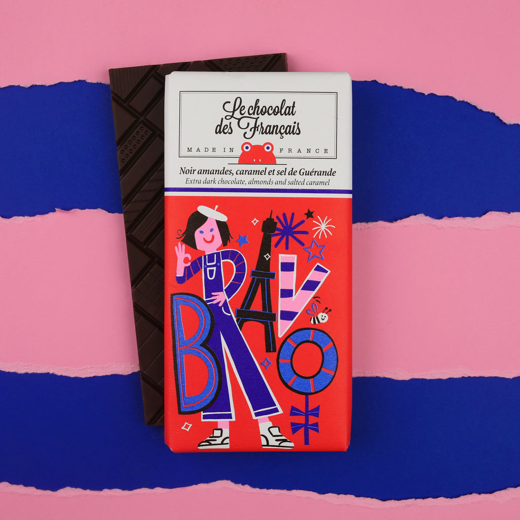 Le Chocolat des Français • Extra Dark Chocolate 56%, Almonds and Salted Caramel